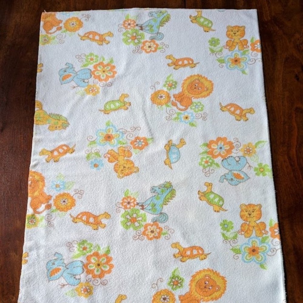 Vintage Flannel Receiving Blanket - Lions, Turtles and Tigers - c mid-1970s